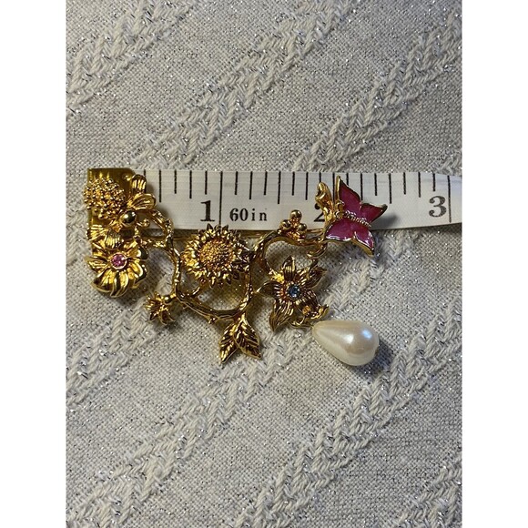 Vintage Avon Brooch Enamel Butterfly Pearl Dangle Gold Tone Bee Flowers 4119 - Picture 7 of 9